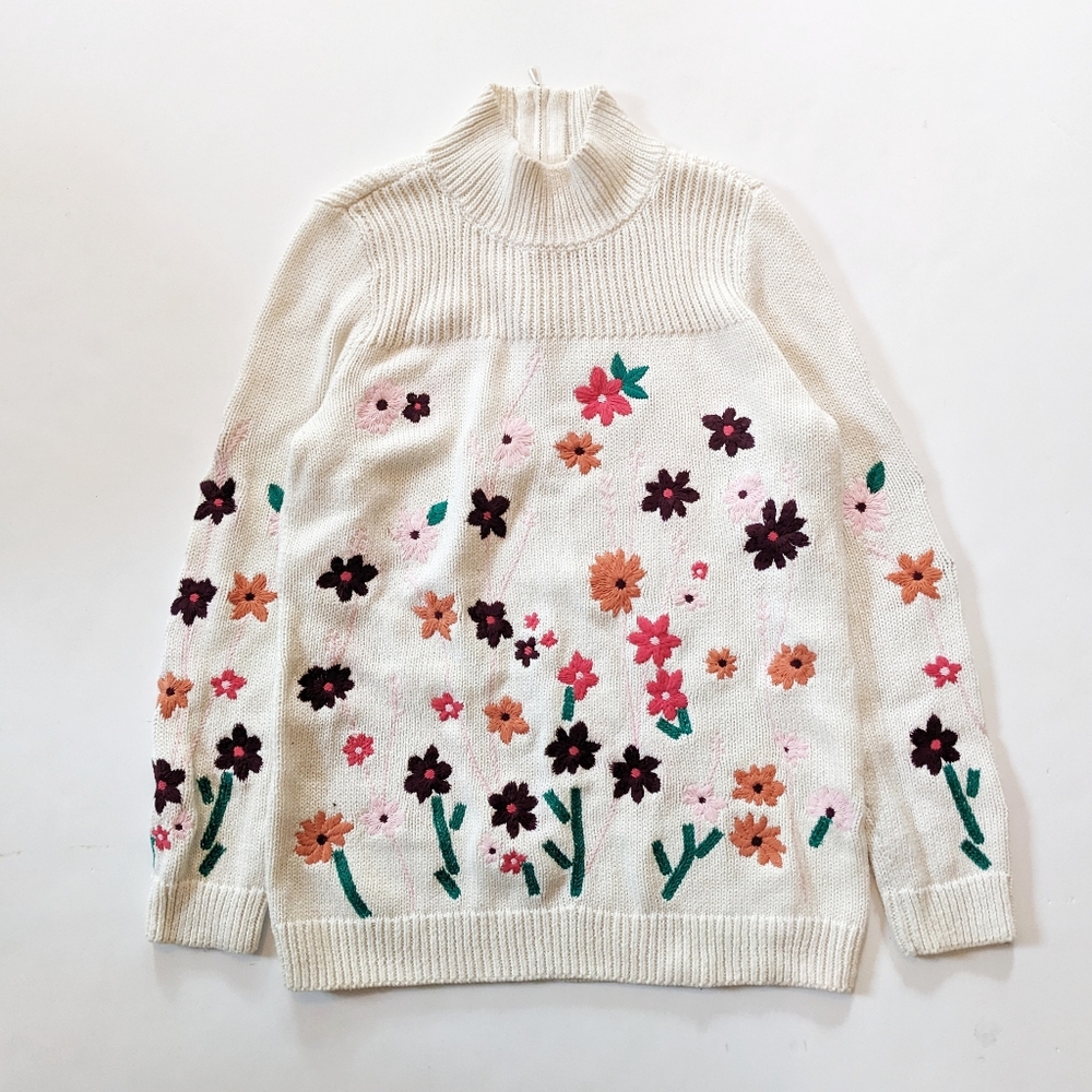 Talbots White Floral Embroidered Mock Neck Sweater